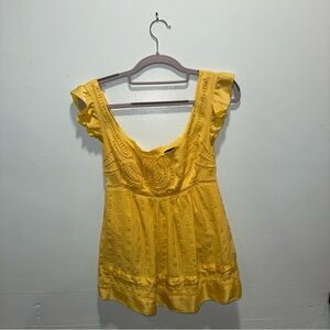 BEBE 100% Silk Yellow Eyelet Ruffle Sleeve Top Size Small